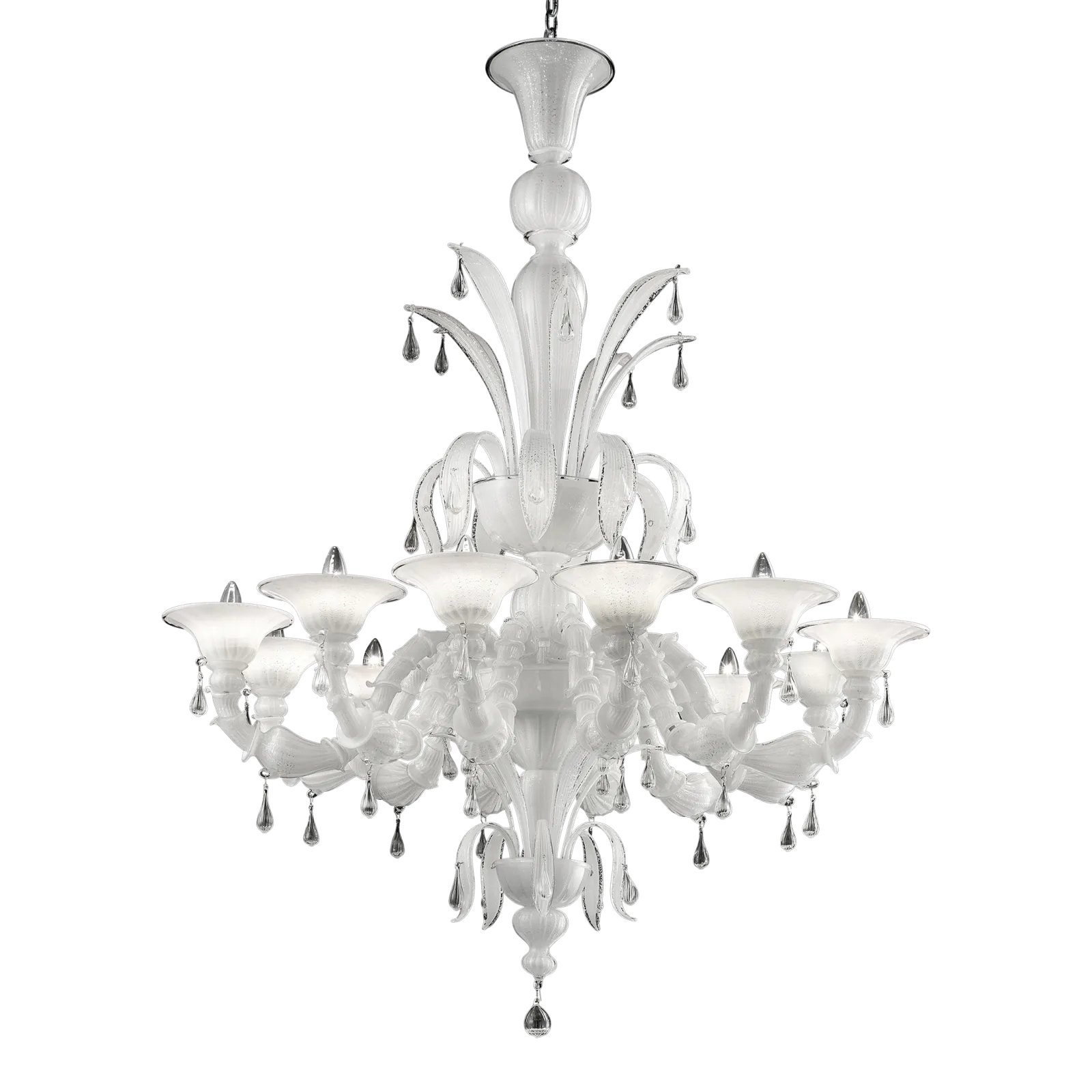 Venetian White “Ca’ Rezzonico” Murano Glass Chandelier With Transparent Little Drops.