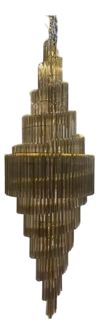 Mid Century Modern Oversized Contemporary Murano Glass Chandelier, “Quadriedro” Design In Fumé And Gold Twister