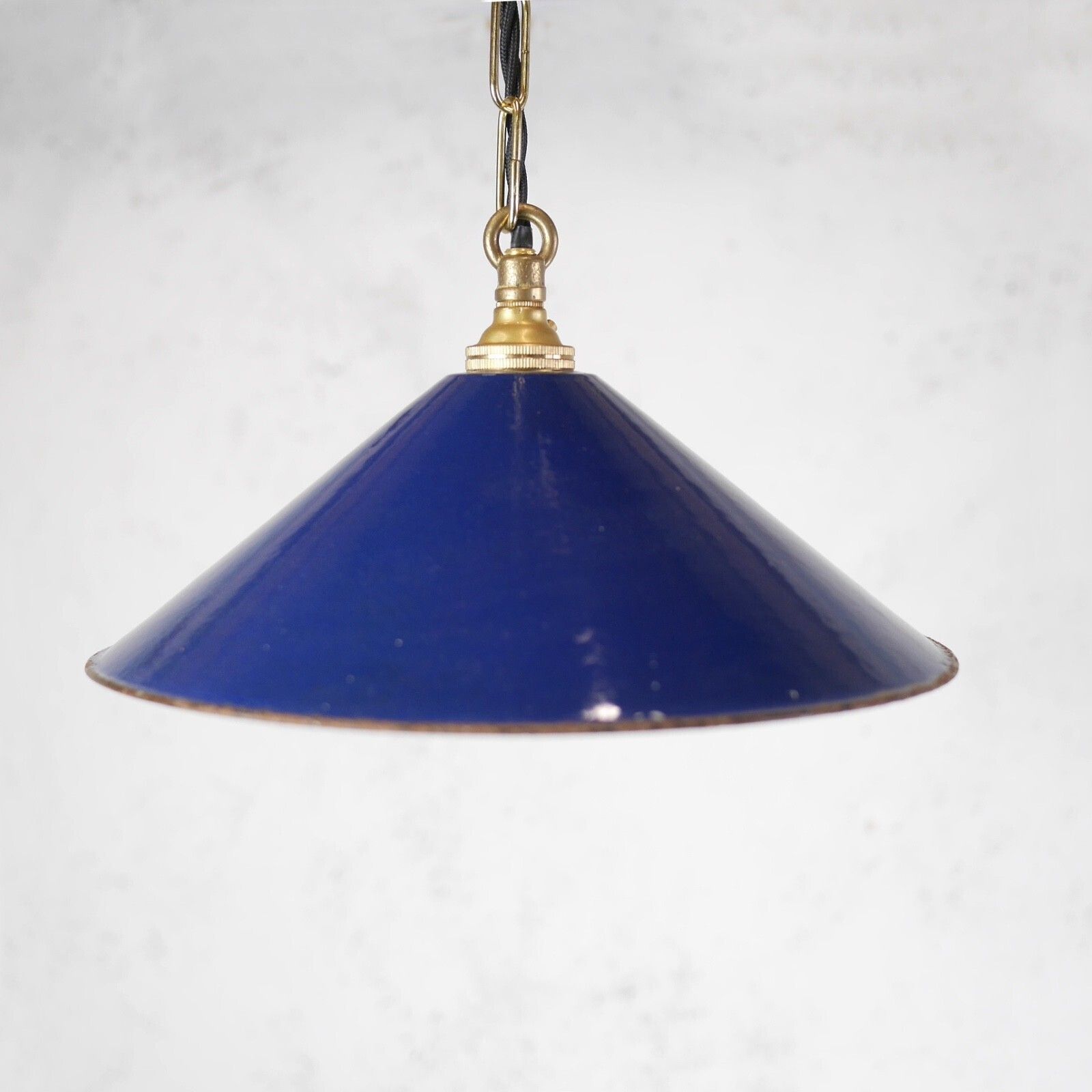 Vintage Blue Enamel Metal Coolie Light Shades Brass Gallery Pendant #103148 photo for sale