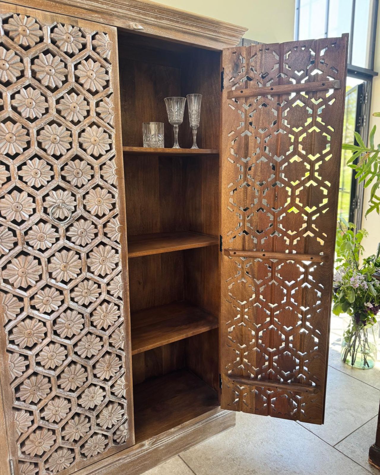Hand Carved Mango Wood Armoire – Petal Motif With Internal Shelving photo for sale