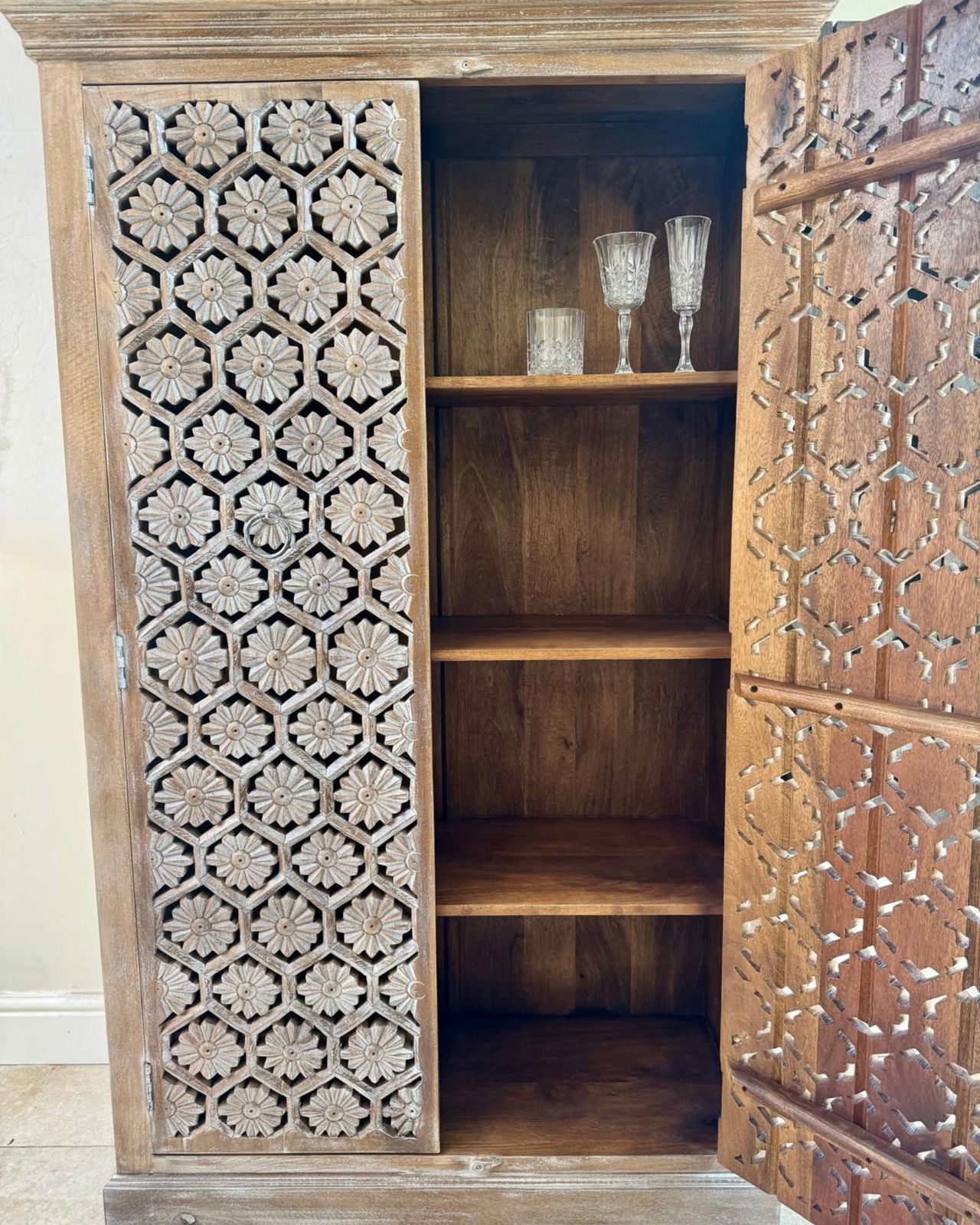 Hand Carved Mango Wood Armoire – Petal Motif With Internal Shelving photo Furniture