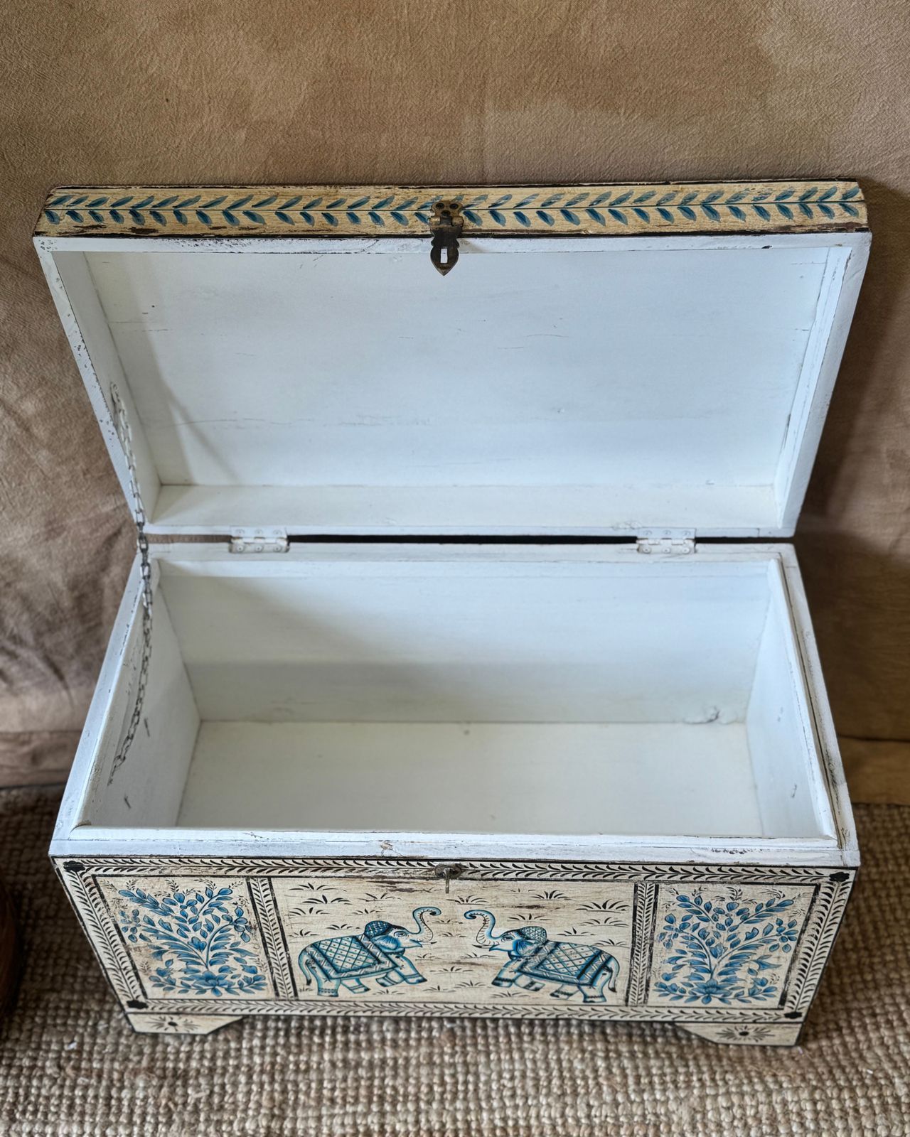 Hand Painted Teak Storage Chest – Cream & Blue With Elephant Motif photo for sale