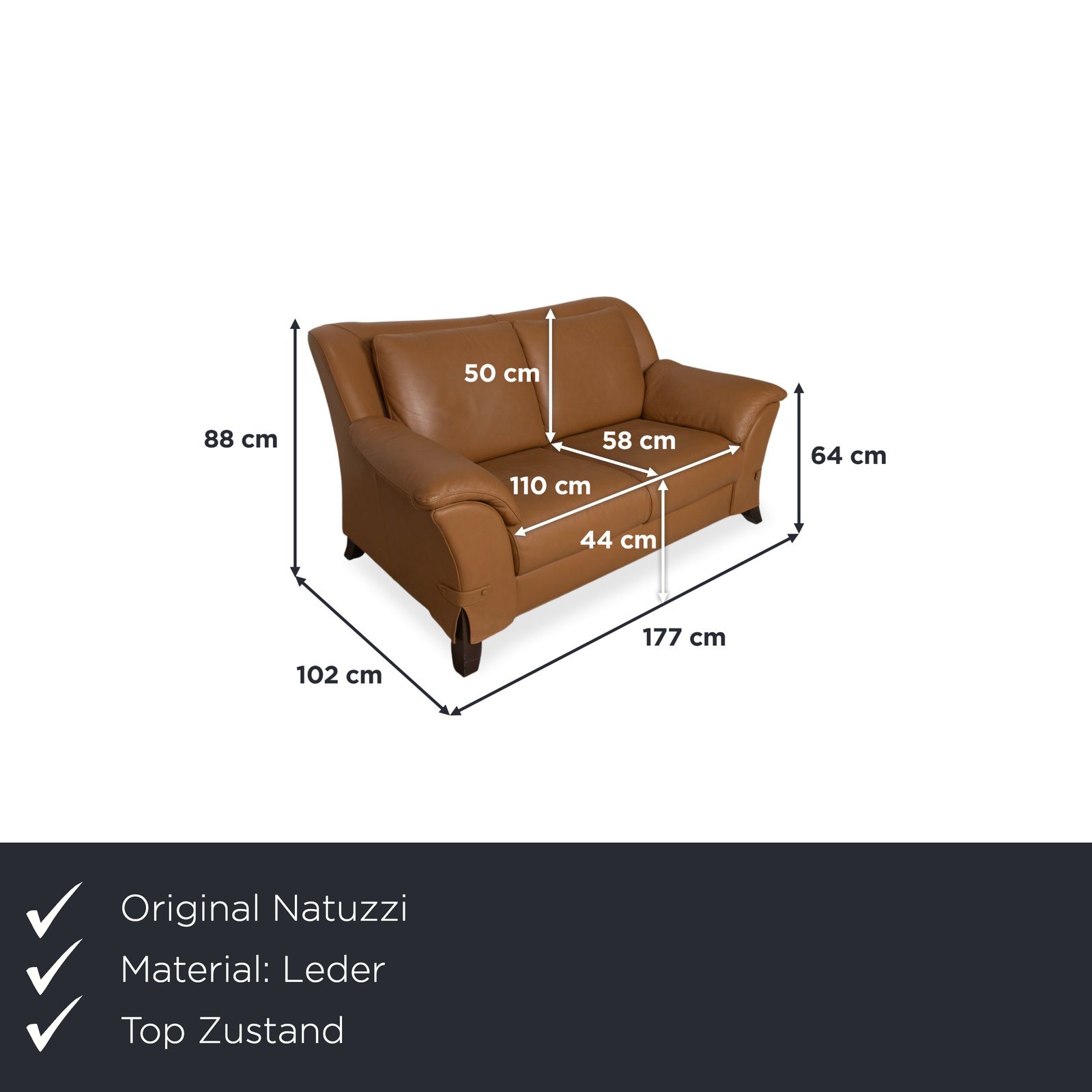 Natuzzi Leather Two Seater Brown Cognac Sofa photo furniture
