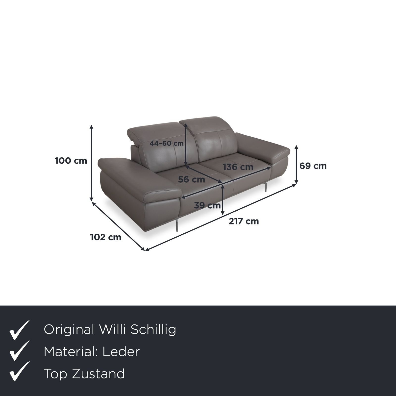 Canapé 2 places en cuir Willi Schillig Levi gris Elephant Gray Z77/25, fonction manuelle photo furniture