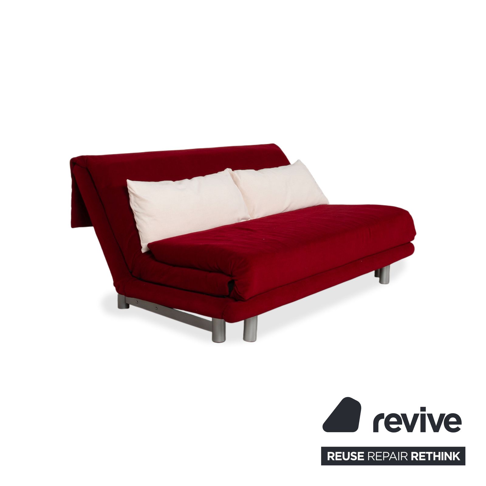 Canapé Ligne Roset Multy 3 places en tissu rouge, fonction couchage manuel, structure argentée, retapissé photo Mobilier