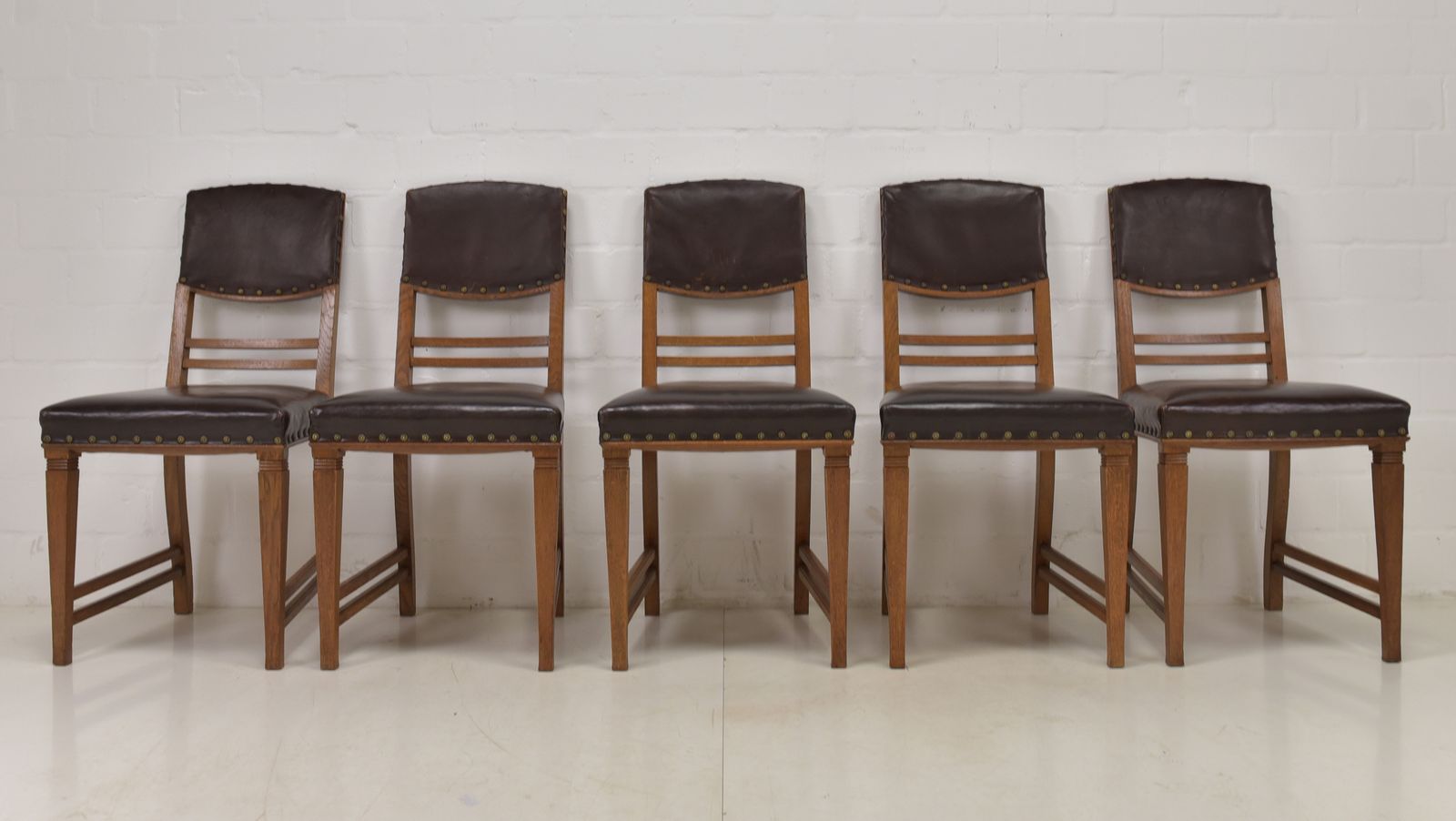 Antique! Set Of 5 Restored Art Nouveau Chairs, Solid Oak, Dining Room, Faux Leather photo furniture
