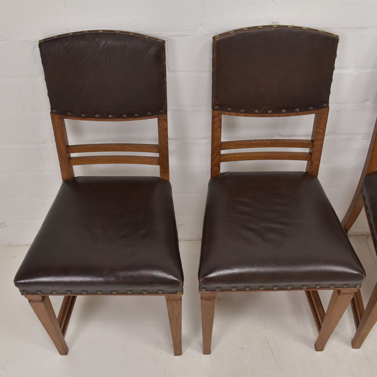 Antique! Set Of 5 Restored Art Nouveau Chairs, Solid Oak, Dining Room, Faux Leather photo for sale