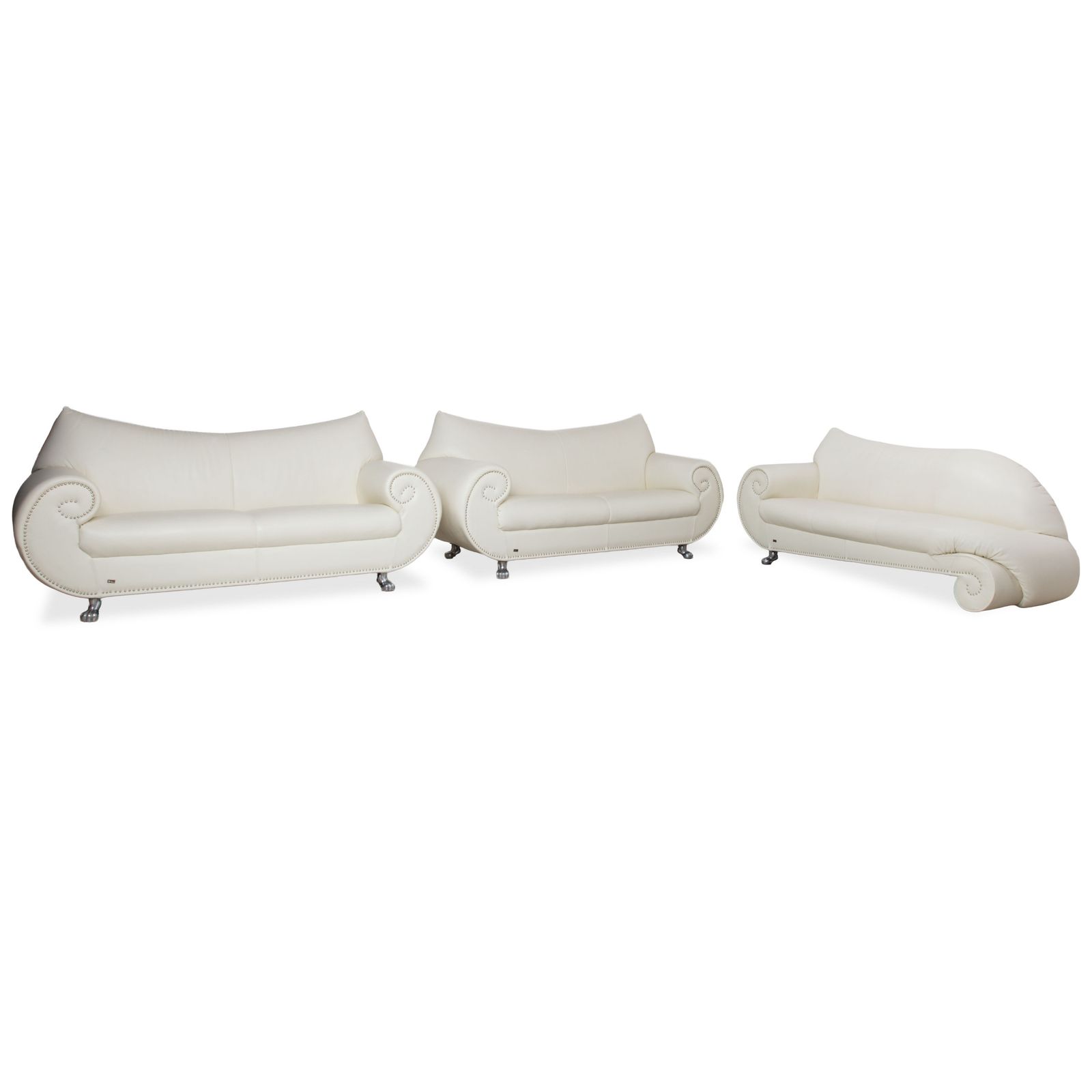 Bretz Gaudi Leather Set 2x Three Seater & Chaise Lounge White Cream Beige Silver Lion's Paw Feet Rivets