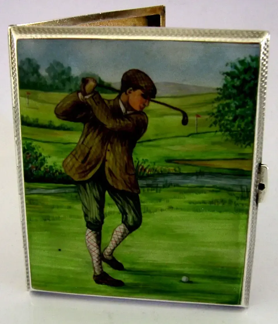 Étui à cigarettes Sampson Mordan en argent sterling et émail peint à la main, motif golf, 1933