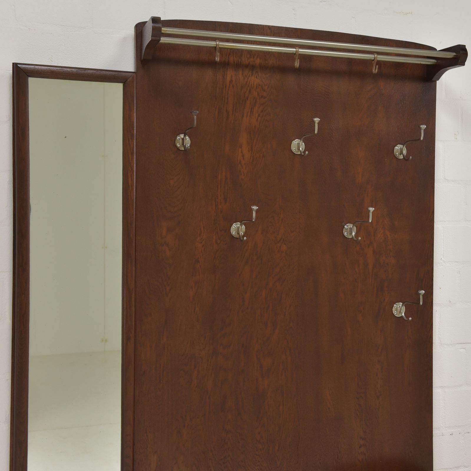 Antique! Asymmetrical Art Deco Wardrobe, Restored Circa 1940, Oak, Chrome, Mirror photo vintage