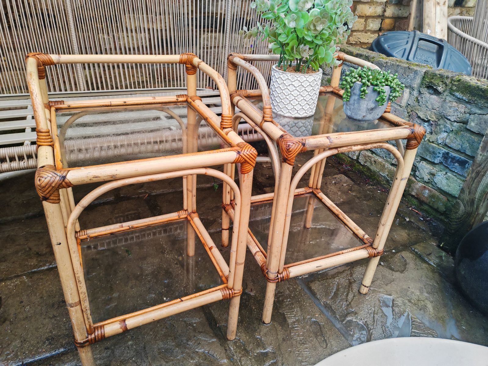 A Pair Ofmid Century Bamboo And Glass Side Tables photo Furniture