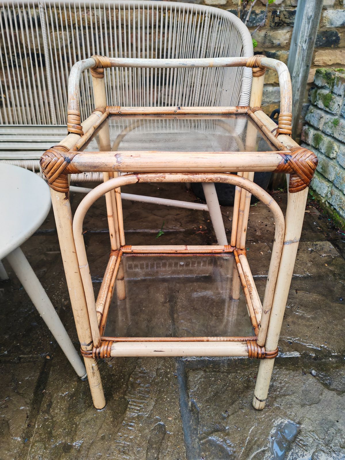 A Pair Ofmid Century Bamboo And Glass Side Tables photo vintage
