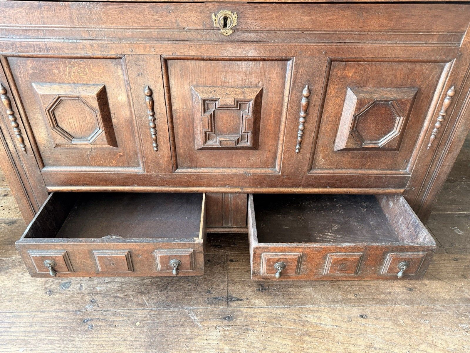 Rare Original  English Antique Geometric George Lll Carved Mule Chest Coffer photo vintage