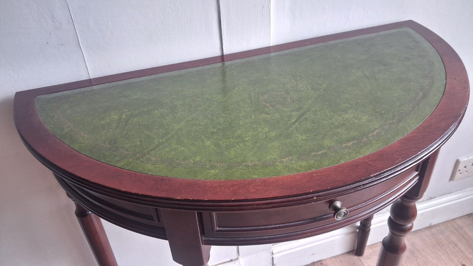 1980s Mahogany Demi Lune /Half Moon Table With Green Tooled Leather Top photo 145.0