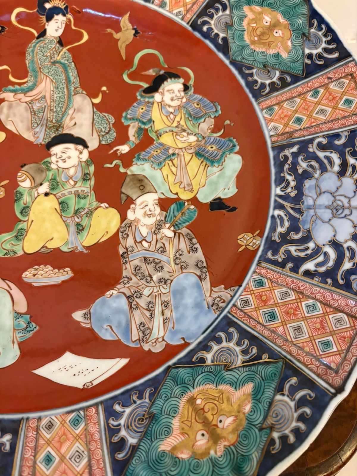 Antique Pair Of Large Japanese Imari Porcelain Chargers Depicting The Seven Lucky Gods photo vinterior