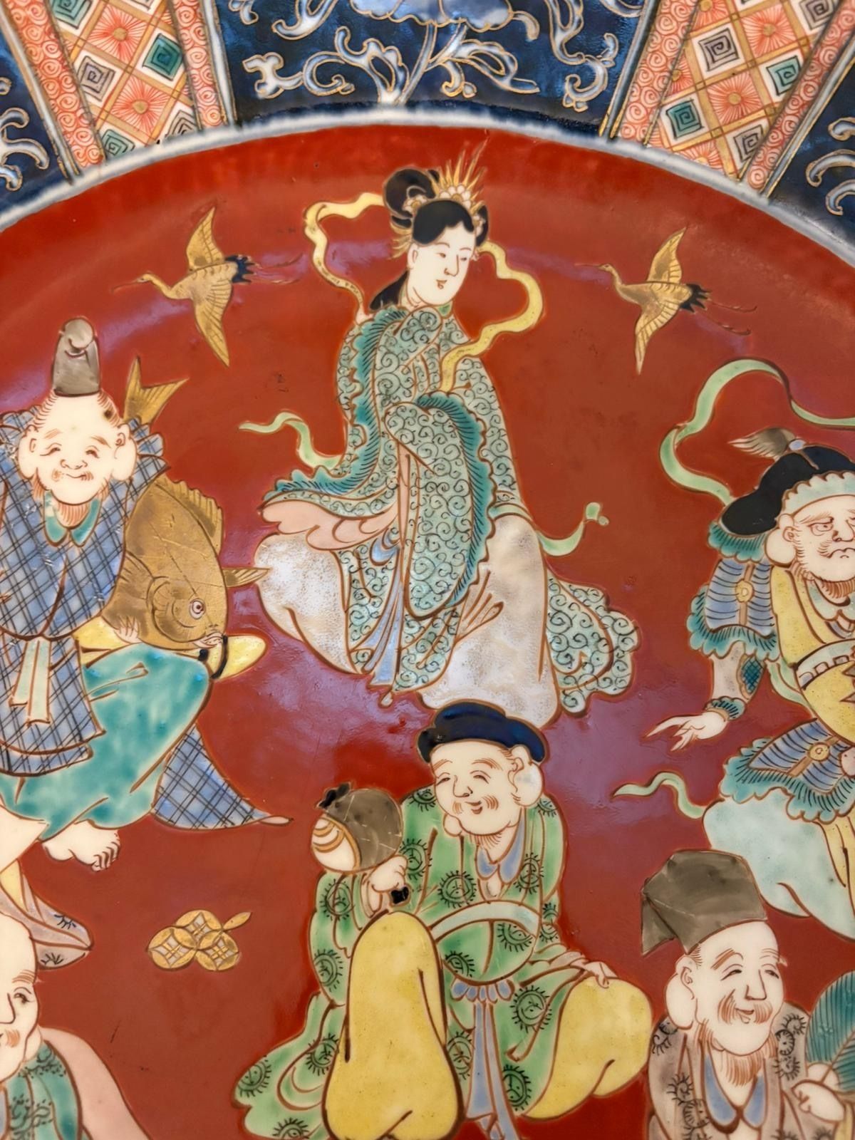 photo for sale Antique Pair Of Large Japanese Imari Porcelain Chargers Depicting The Seven Lucky Gods