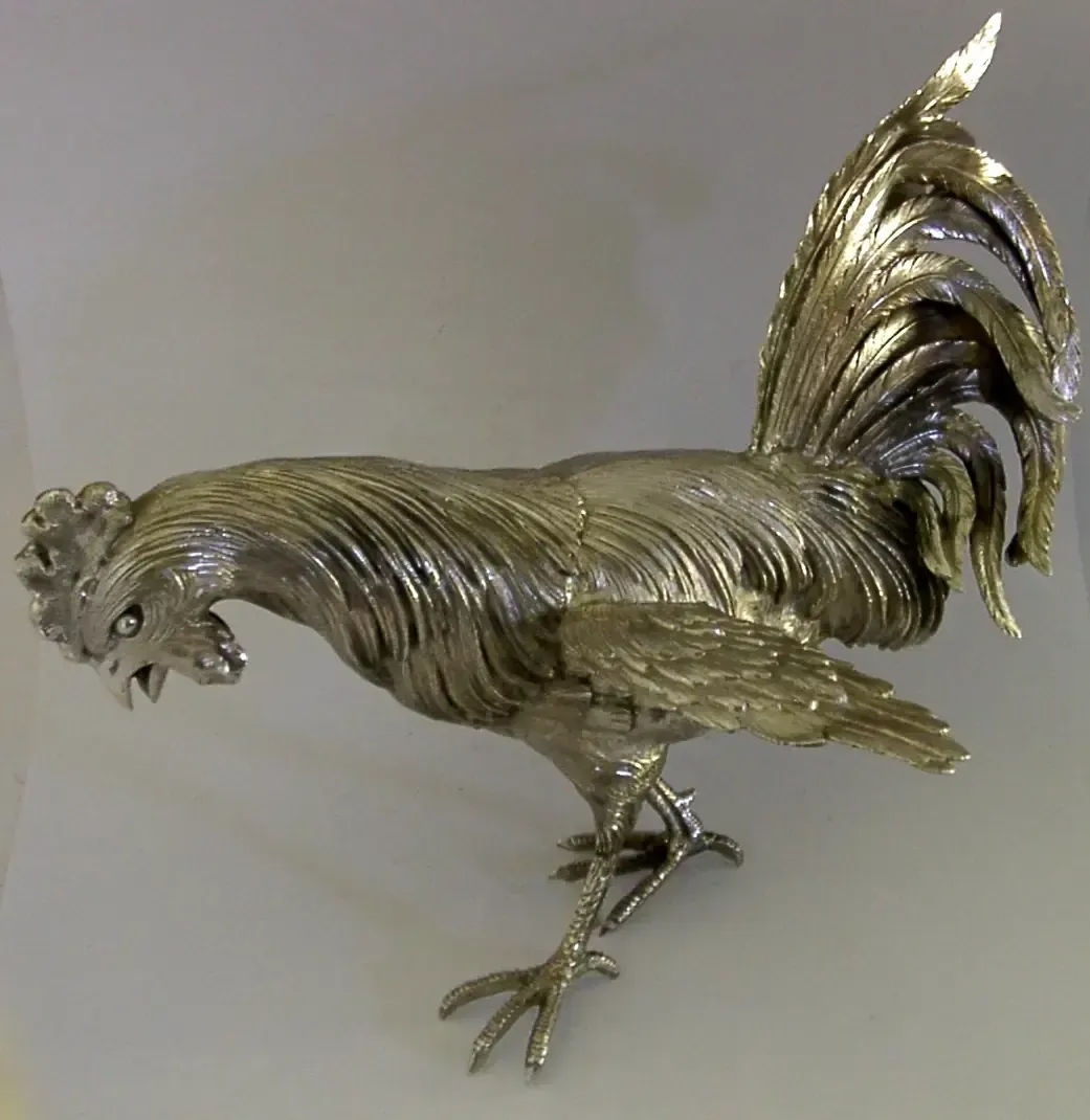 Huge 854g French Sterling Silver Cockerel Rooster Chicken Bird C1920 Antique photo Art