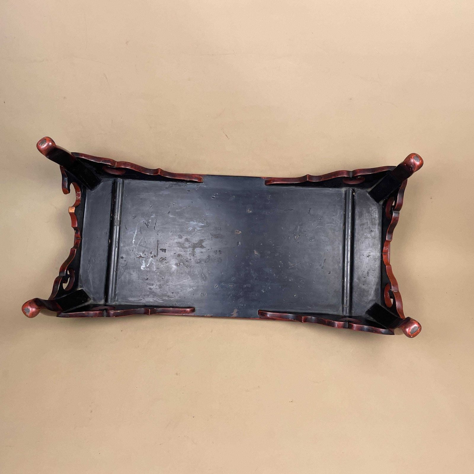 185.0 Red Wooden Oriental Low Table Carved Leg Vintage Chinese Style Altar Stand Small Display Table Accent Tea Table photo