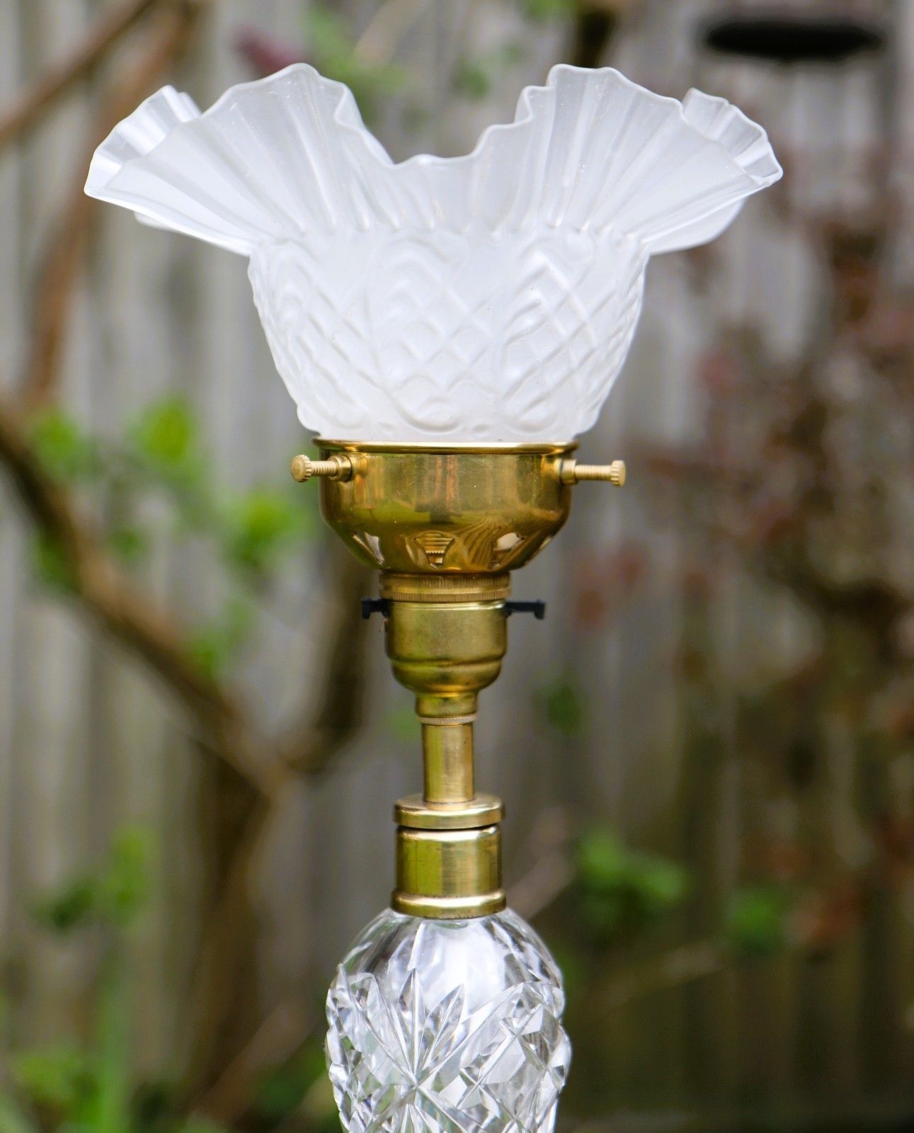 Table Lamp Antique Heavy Cut Lead Crystal Side Lamp + Period Frilled Glass Shade photo buy