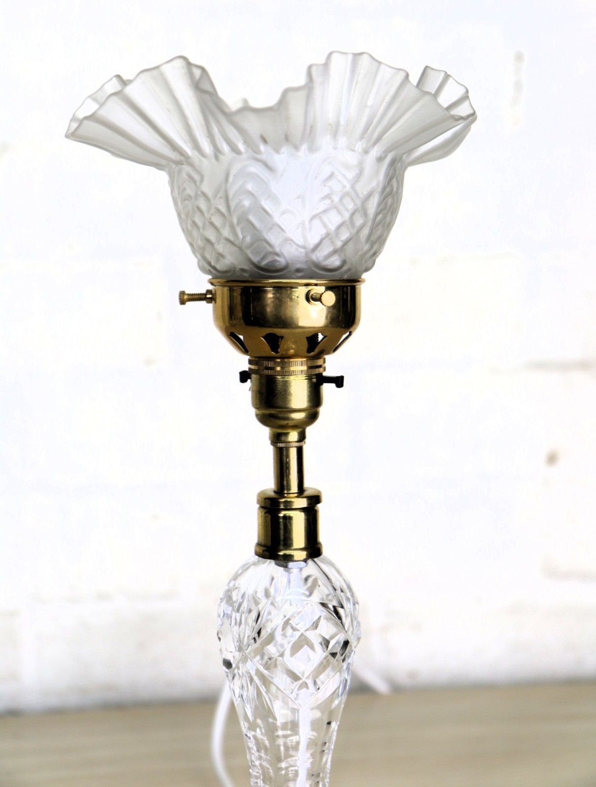 photo furniture Table Lamp Antique Heavy Cut Lead Crystal Side Lamp + Period Frilled Glass Shade