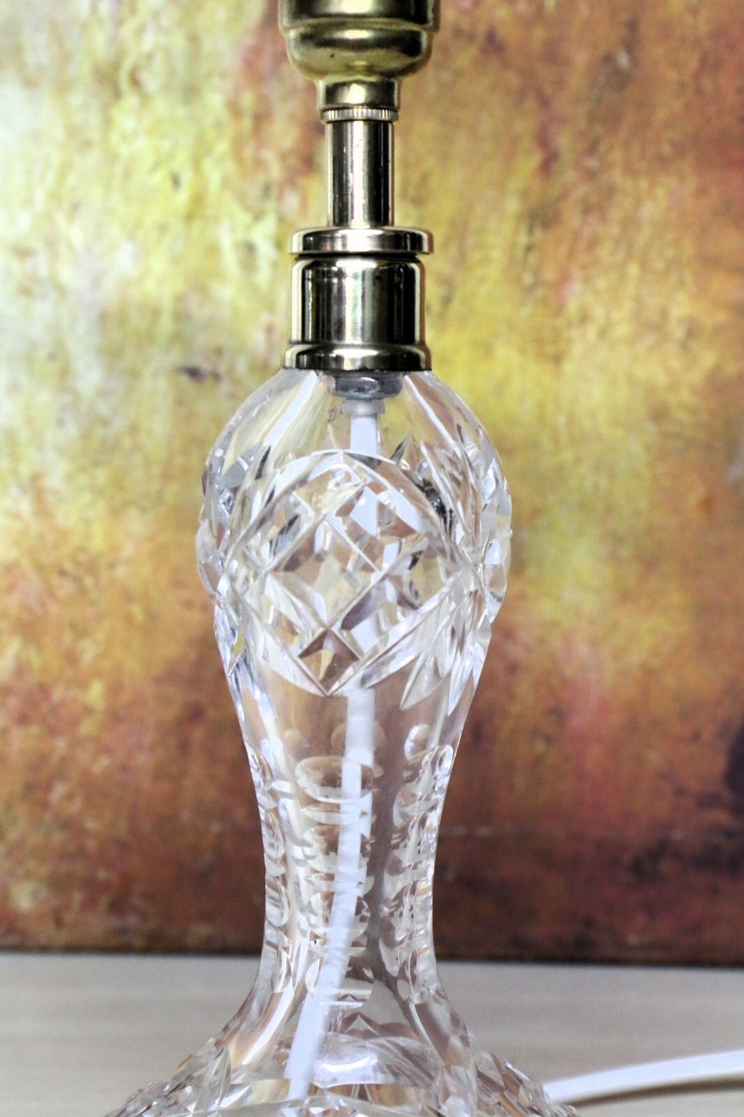 photo vintage Table Lamp Antique Heavy Cut Lead Crystal Side Lamp + Period Frilled Glass Shade