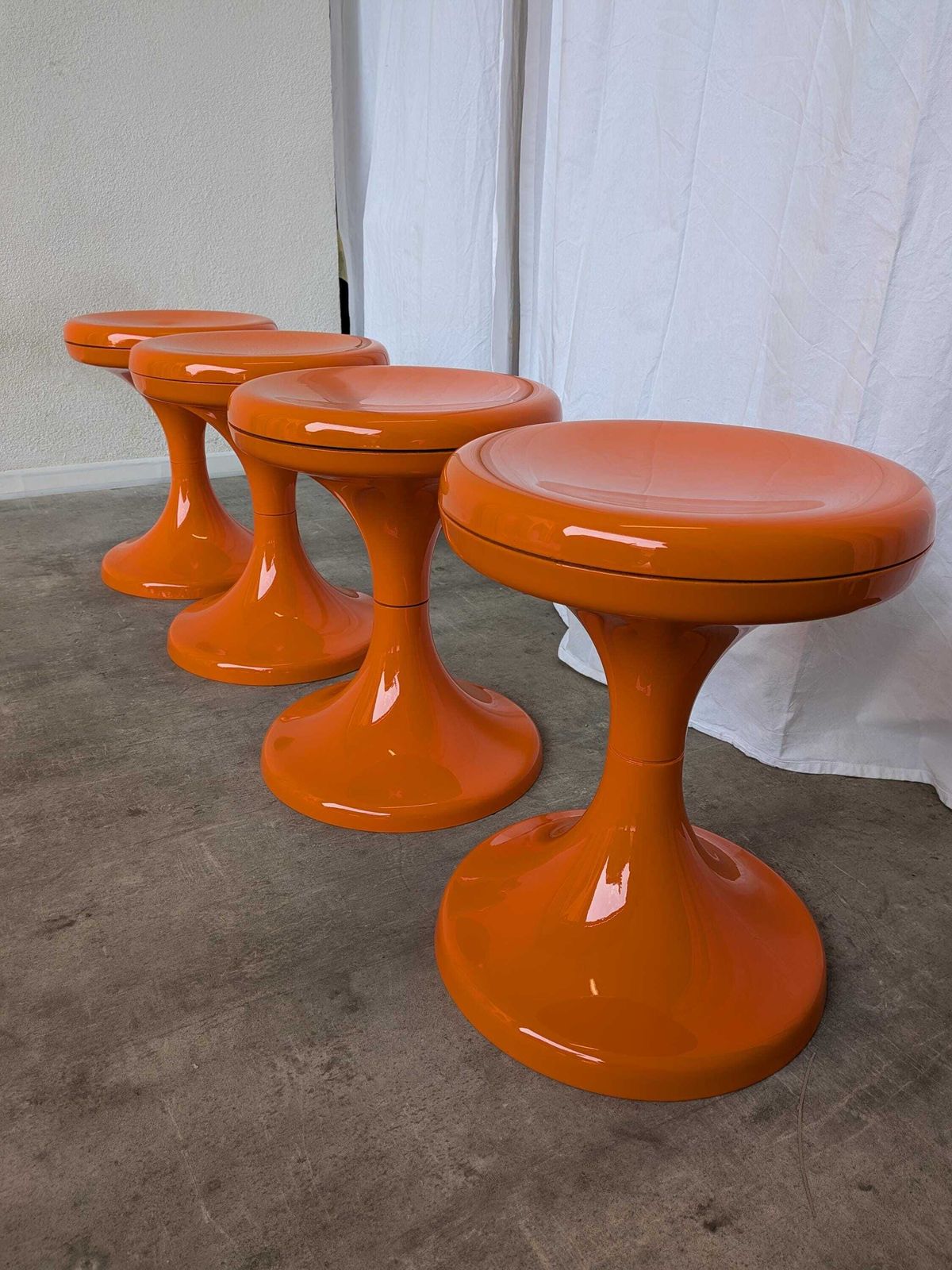 Furniture Set Of 4 Vintage Mushroom Stools, Retro Orange 1960s Space Age Meblo Jurček photo