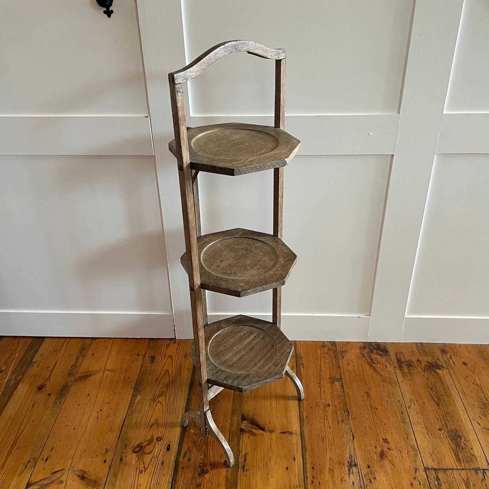 Edwardian Folding Cake Stand 3 Tier Display Stand Kitchen Bakery Octagon Trays Early 1900's Antique Kitchen Bakery Display Plant Stand photo furniture