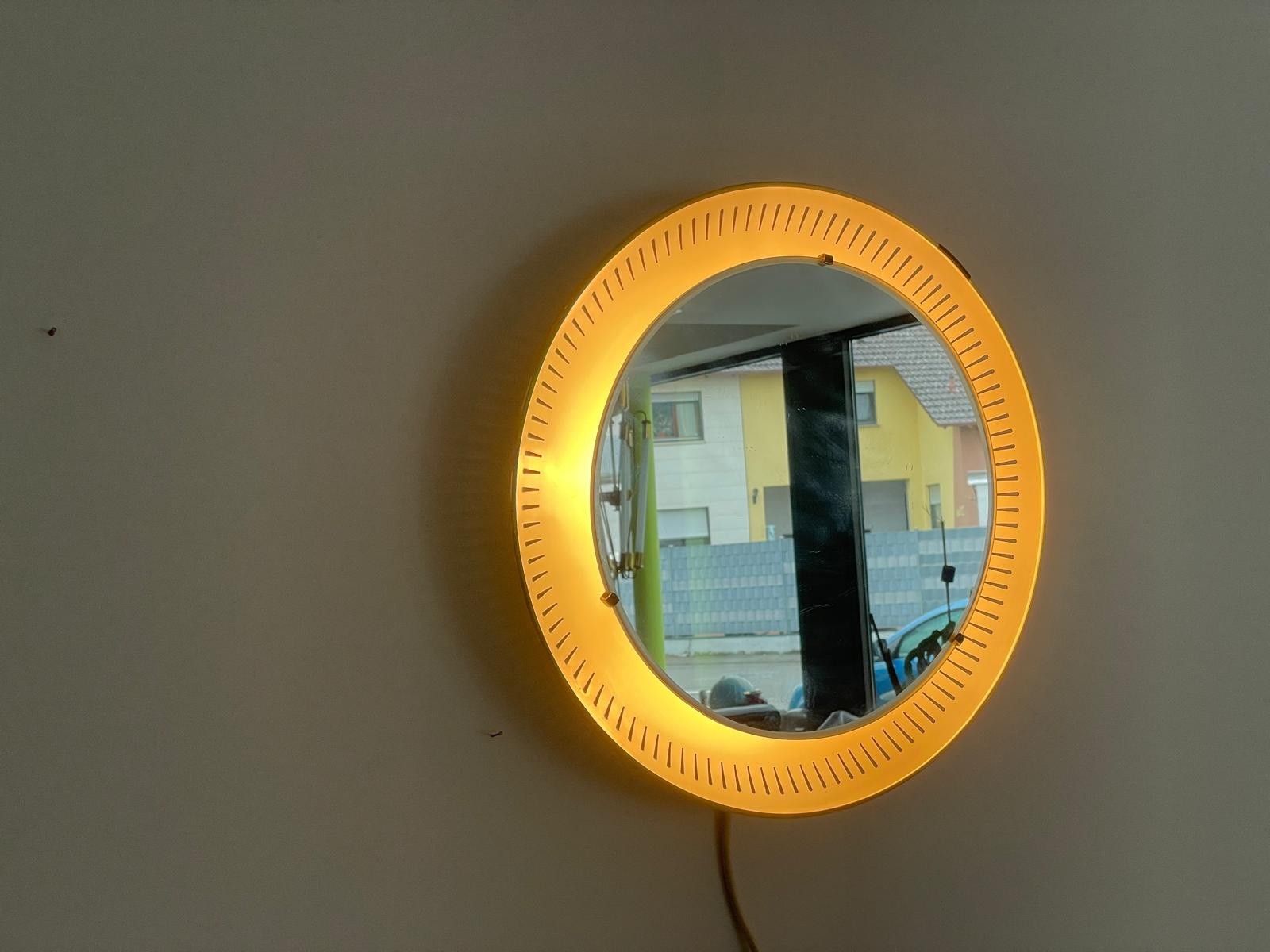Mid Century Round Yellow And White Wall Mirror With Light By Hillebrand, 1950s photo furniture