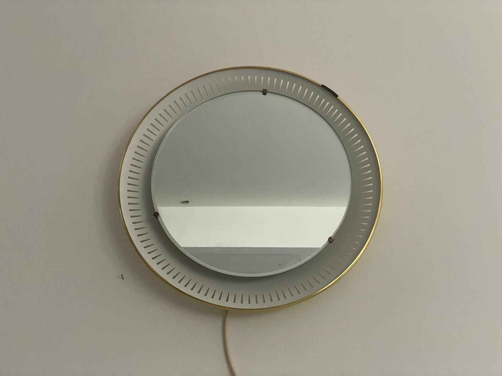 640.0 Mid Century Round Yellow And White Wall Mirror With Light By Hillebrand, 1950s photo