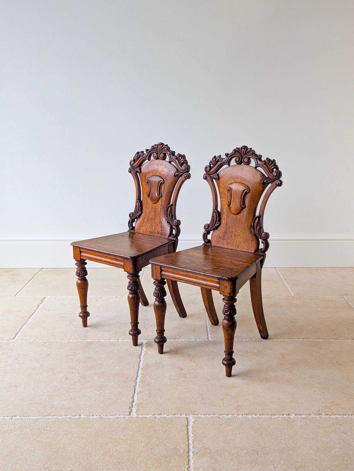 Furniture Pair Of Antique Victorian Oak Hall Chairs C.1870 photo