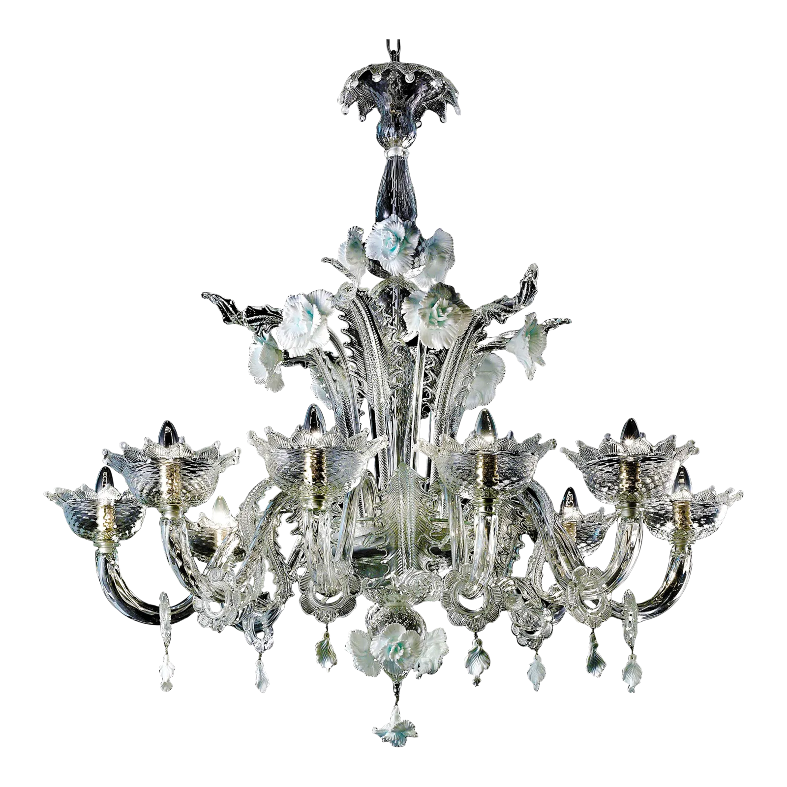 Venetian Romantic Floral Transparent And White Murano Glass Chandelier