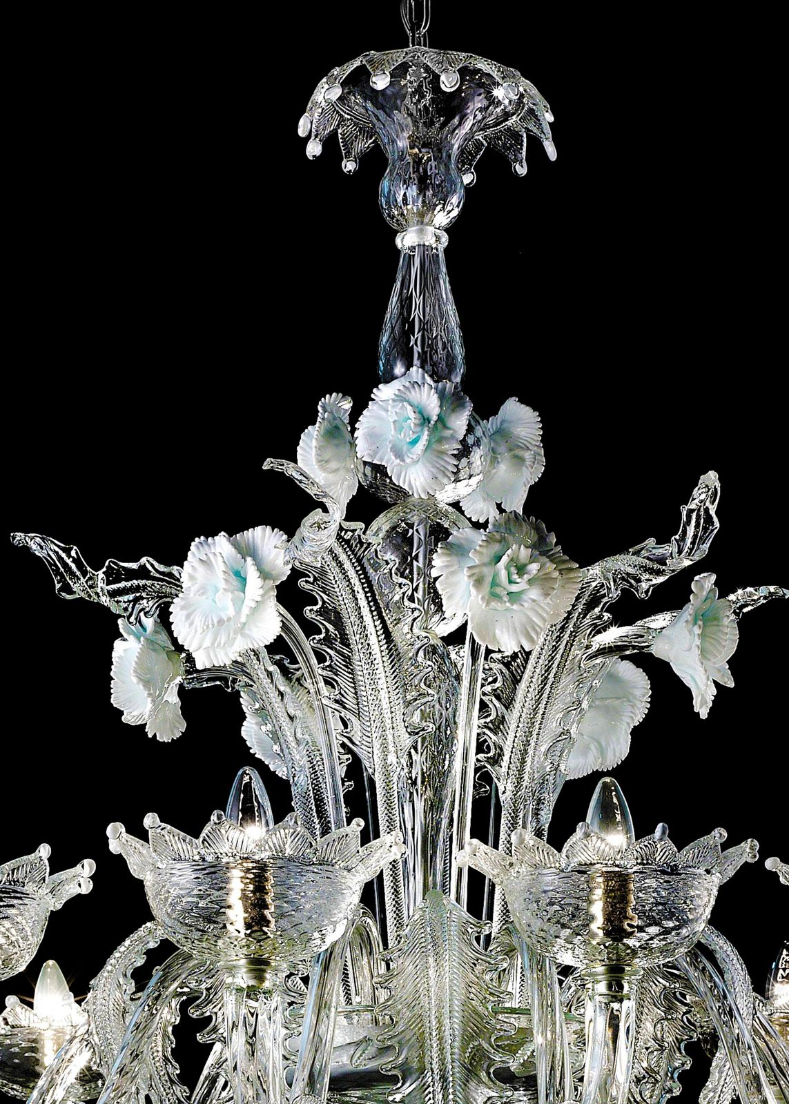 Venetian Romantic Floral Transparent And White Murano Glass Chandelier photo furniture