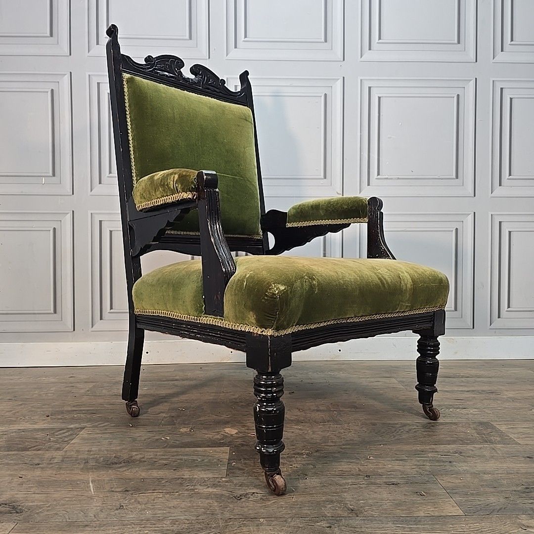 Antique Armchair Carved Wood Upholstered Elbow Chair Castors Victorian Vintage photo furniture