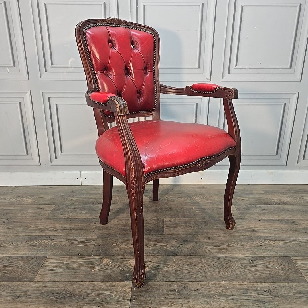 Vintage Chesterfield Armchair Louis XV Style Red Button Back Upholstered Wood