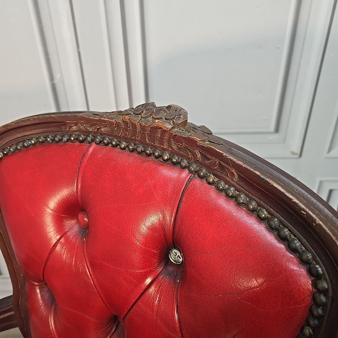 photo vinterior Vintage Chesterfield Armchair Louis XV Style Red Button Back Upholstered Wood