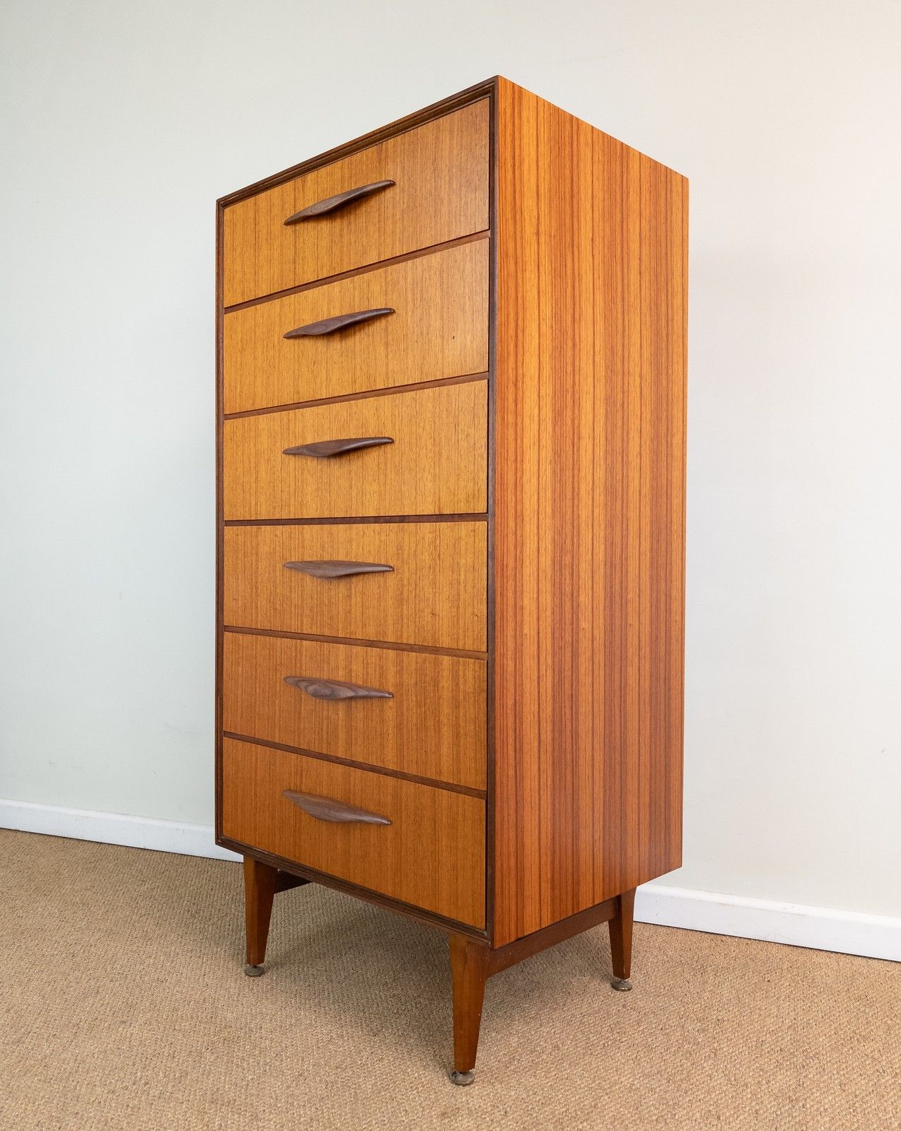 Refinished Vintage Mid Century Teak 127cm Tall Chest Of Drawers Tallboy, Meredew photo furniture