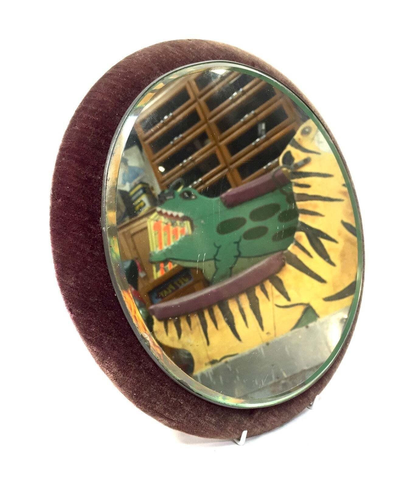 Antique Circular Wall Mirror With Velvet Red Fabric Border / Round Mirror C.1930 photo 75.0