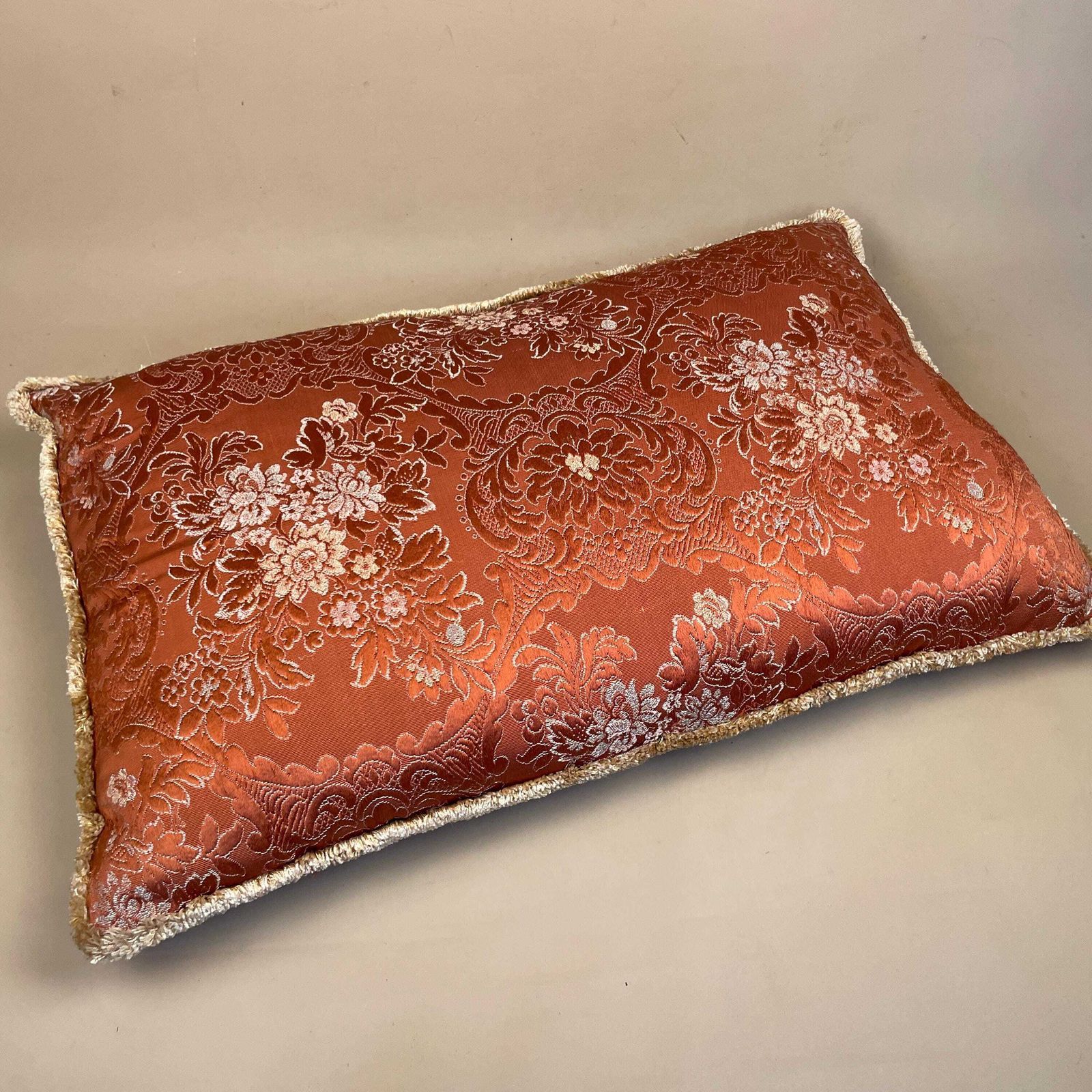 Vintage Jacquard Floral Feather Cushion Pillow Rust Orange Fringe Trim Decorative Damask Sofa Throw Scatter Cushion photo vintage