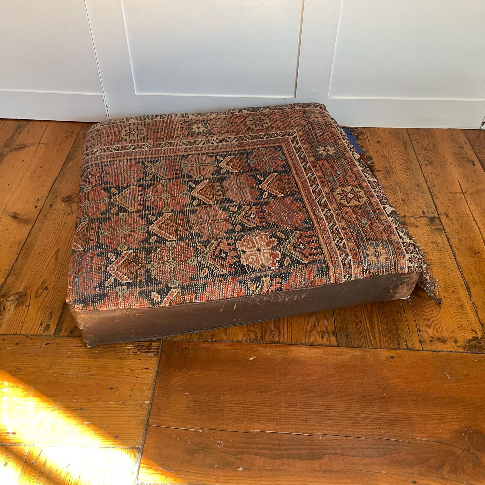 Textiles Large Kilim Floor Cushion Leather Base Boho Ottoman Pillow Pouffe Moroccan Hand Woven Handmade Living Room Decorative Accent photo