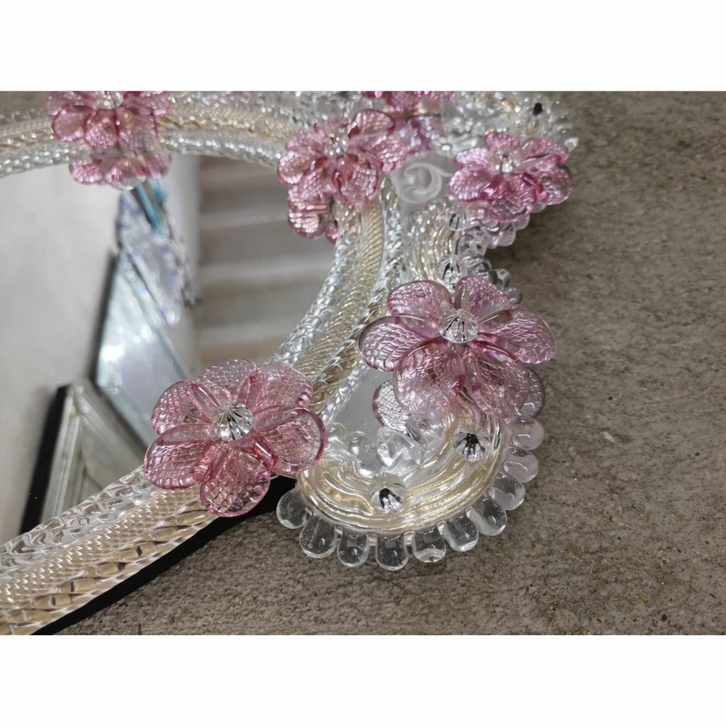 Italian 2000s Venetian Oval Pink Floreal Hand Carving Mirror In Murano Glass Style photo for sale