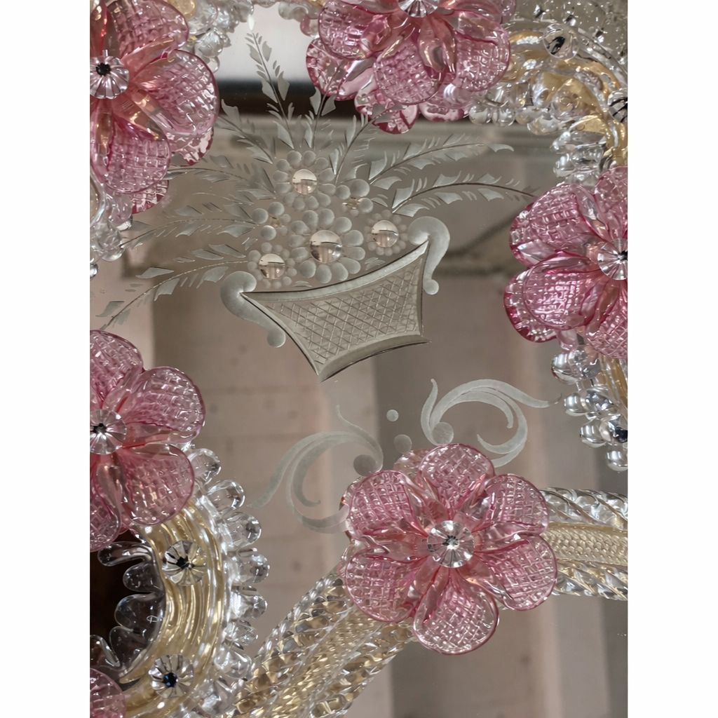 Italian 2000s Venetian Oval Pink Floreal Hand Carving Mirror In Murano Glass Style photo 8956.0