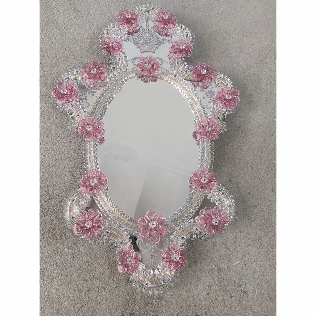 Italian 2000s Venetian Oval Pink Floreal Hand Carving Mirror In Murano Glass Style photo buy