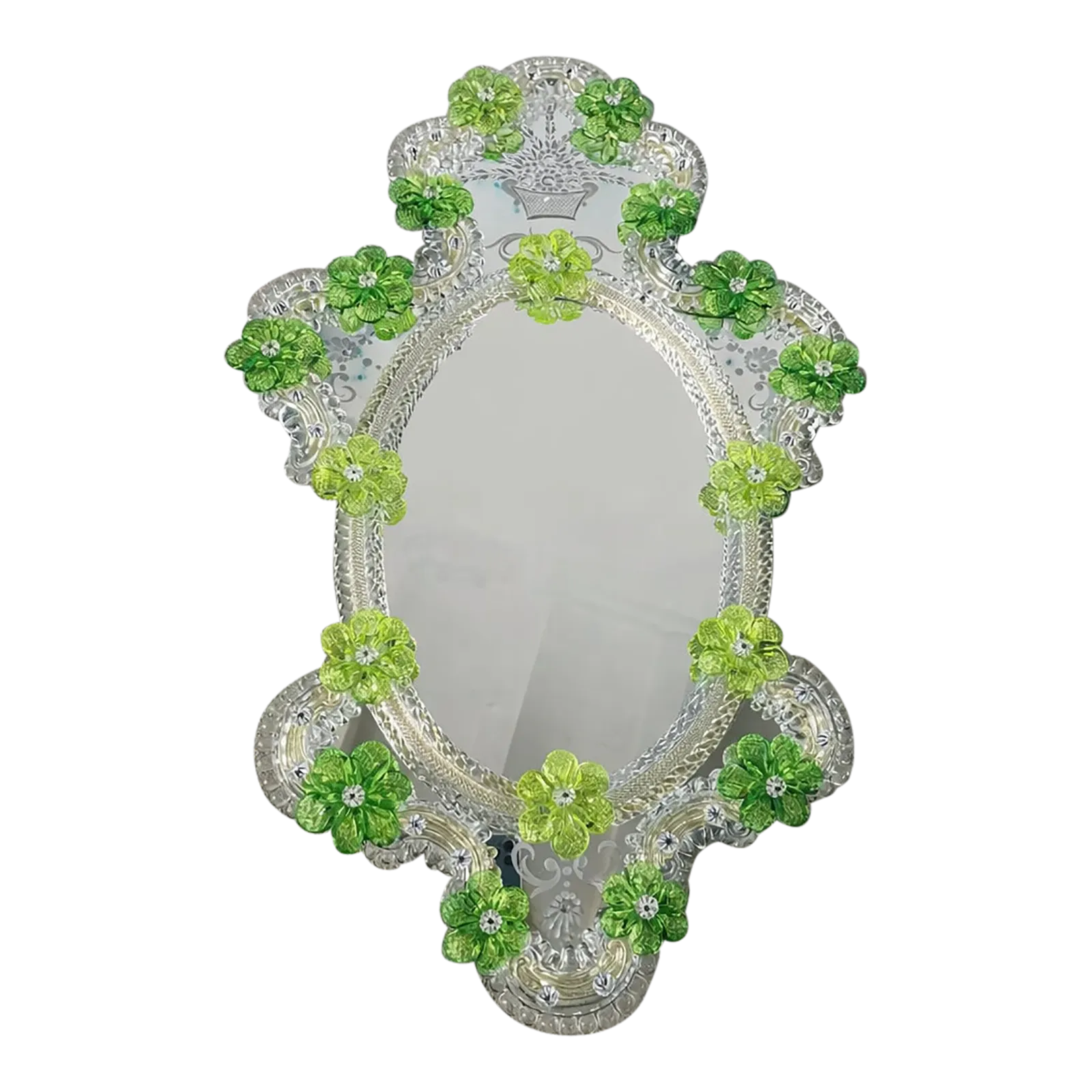 Italian 2000s Venetian Oval Green Floreal Hand Carving Mirror In Murano Glass Style