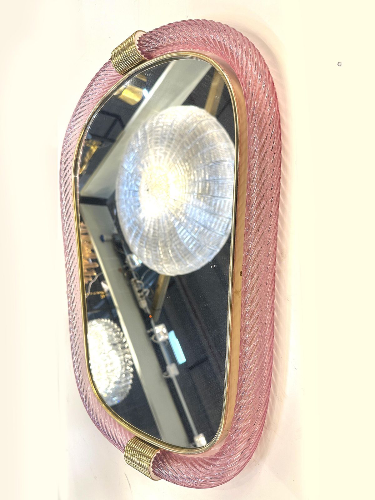 Venetian Pink Murano Glass Wall Mirror With “Torciglione” Torchon In Barovier Style photo furniture