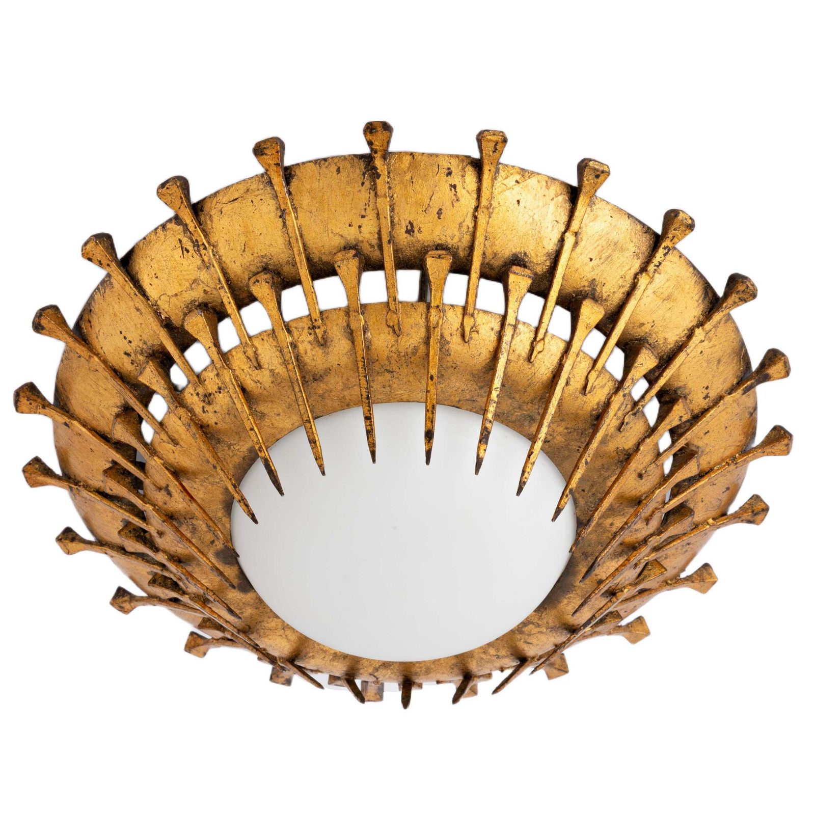Mid Century Brutalist Spanish Flush Mount Gilded Iron | Gilt Sunburst Nails Ceiling Lamp Wall Sconce Light Vintage | 1960s Regency Toleware