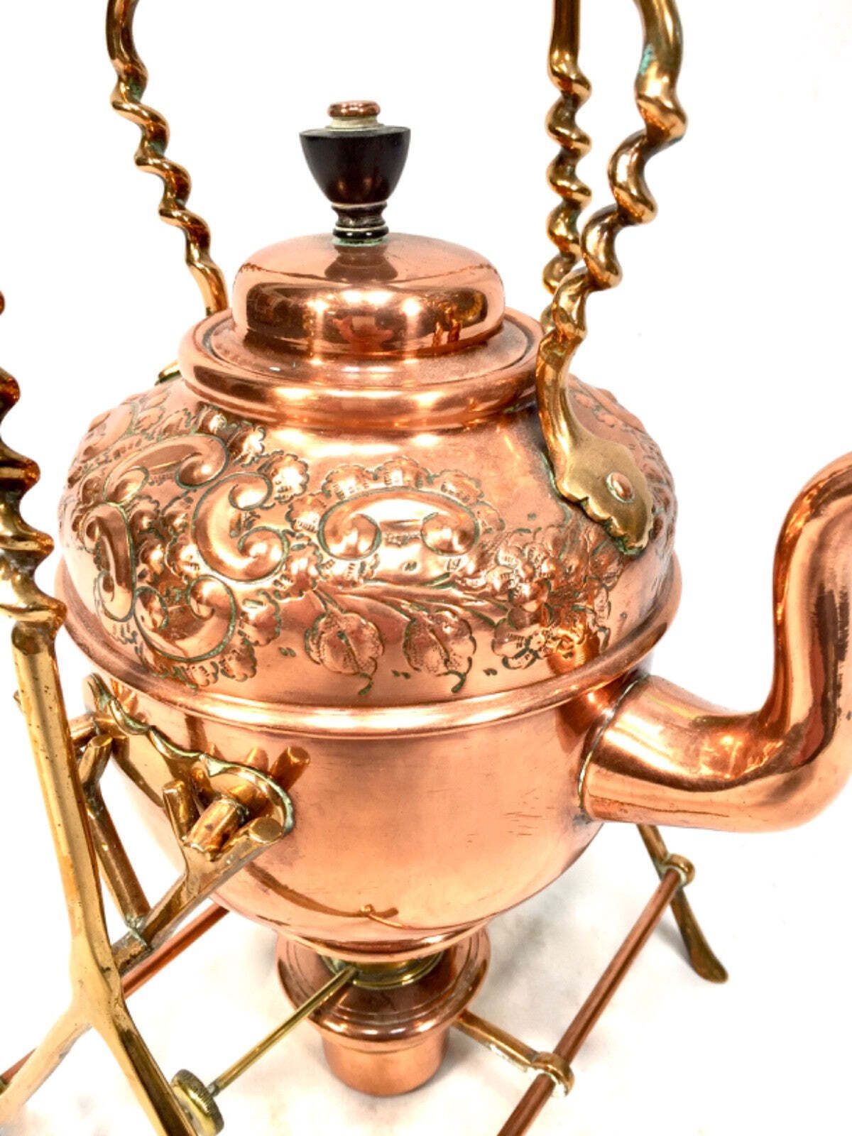 Antique Victorian Metal Copper & Brass Spirit Kettle Pot With Matching Stand photo for sale