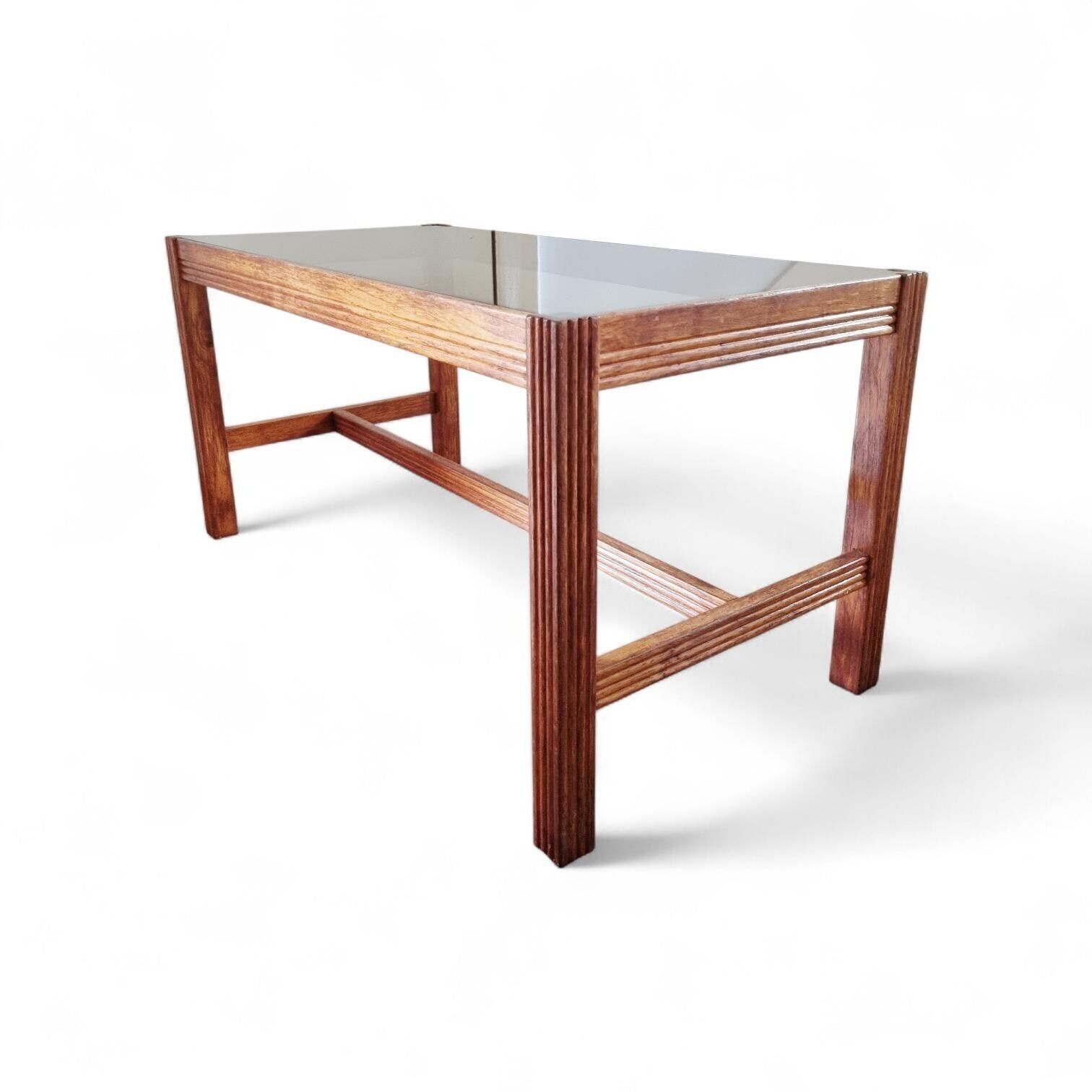 Vintage Mid Century Coffee Table With Smoked Glass Top And Ribbed Wood Legs photo furniture