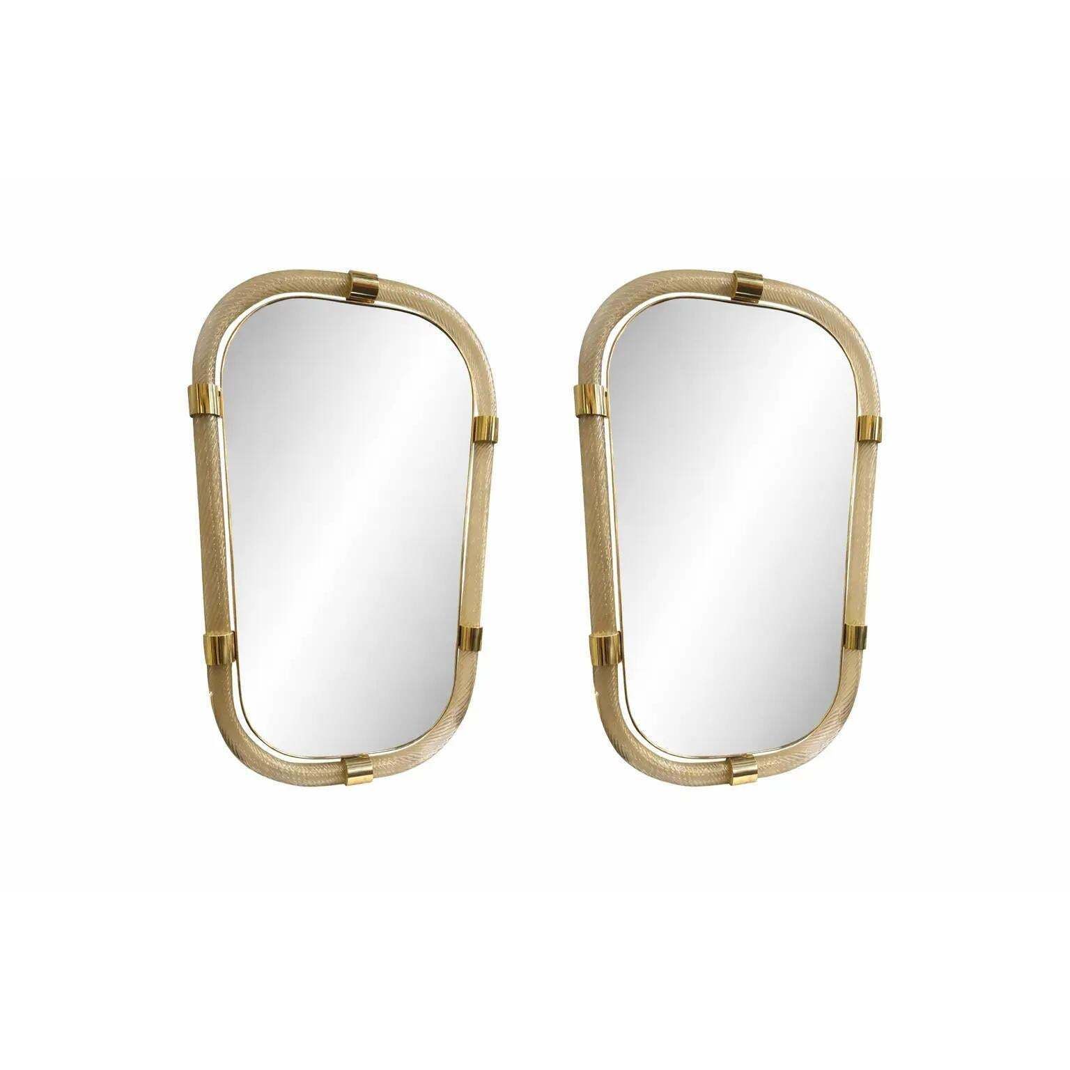 photo furniture Pair Of Gold Leaf Murano Glass Wall Mirrors, Italian “Torciglione” Design.