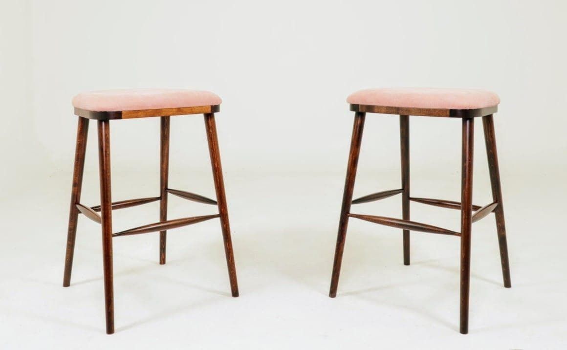 Pair Bar Stools In Vintage Style, Rose Corduroy Fabric