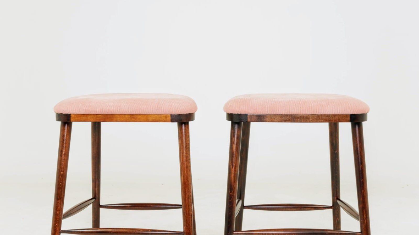 Pair Bar Stools In Vintage Style, Rose Corduroy Fabric photo vinterior